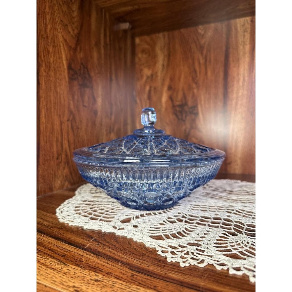 Vintage Indiana Glass Windsor Blue Button Cane Candy Box | Lidded Bowl 7.5"